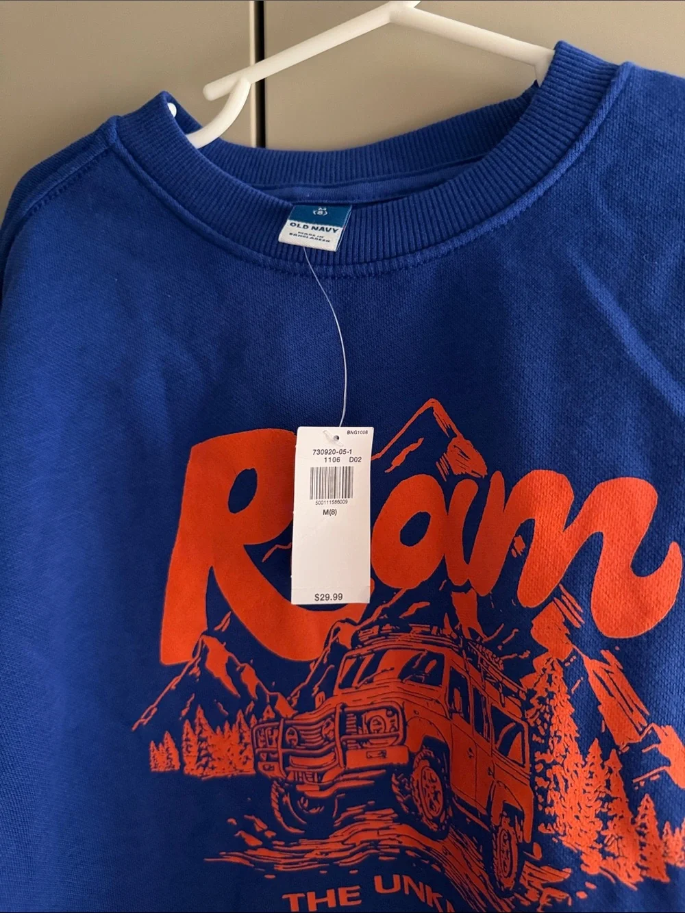 ✨ NWT Old Navy Boys Size Medium (8) Blue “Roam The Unknown” Graphic Sweatshirt
